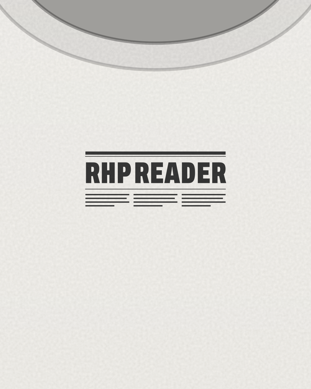 Close-up of the “RHP reader” print in black on a white tee