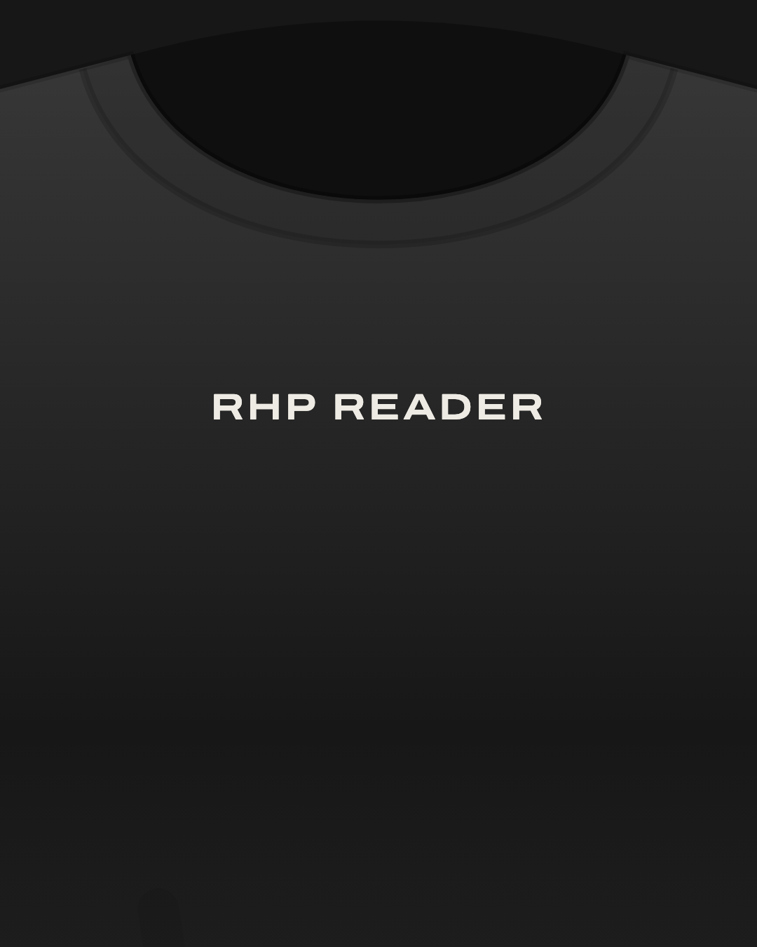 Close-up of a black tee with “RHP reader” printed small in off-white on the chest