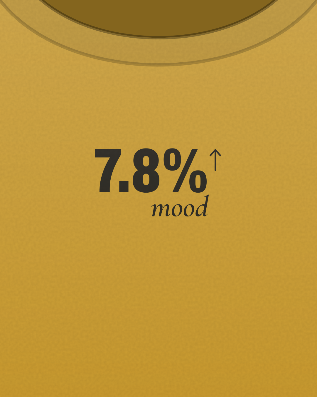 Close-up of the “7.8% mood” print in black on a mustard tee