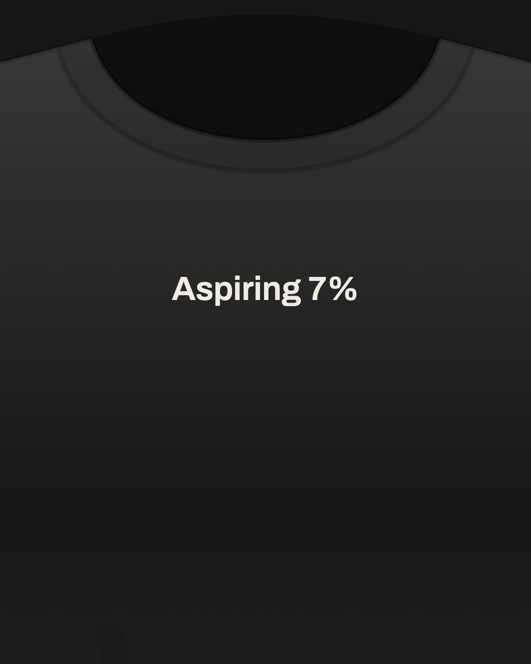 Close-up of a black tee with “Aspiring 7%” printed small in off-white on the chest