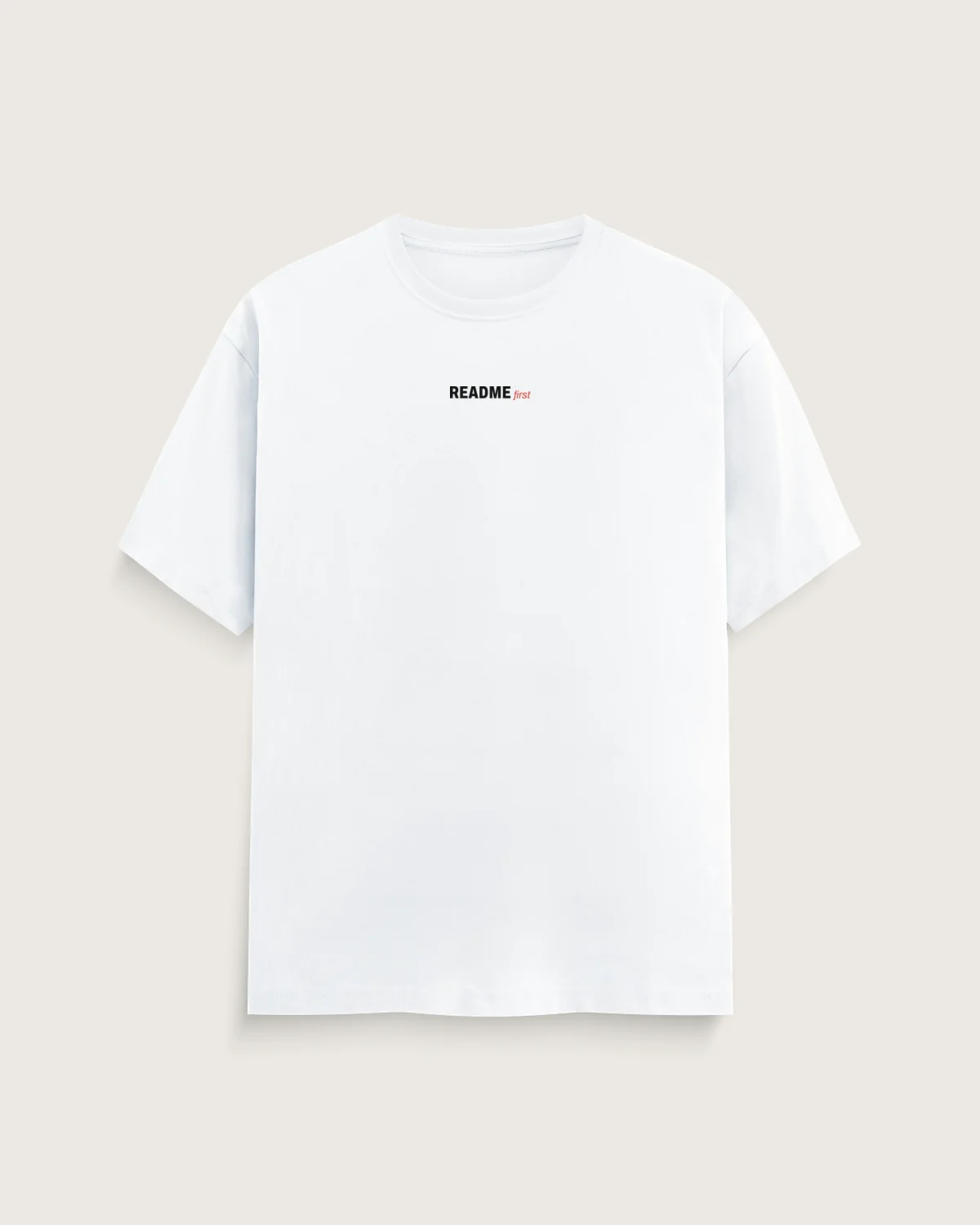 Mockup: the whole white regular tee with “README first”