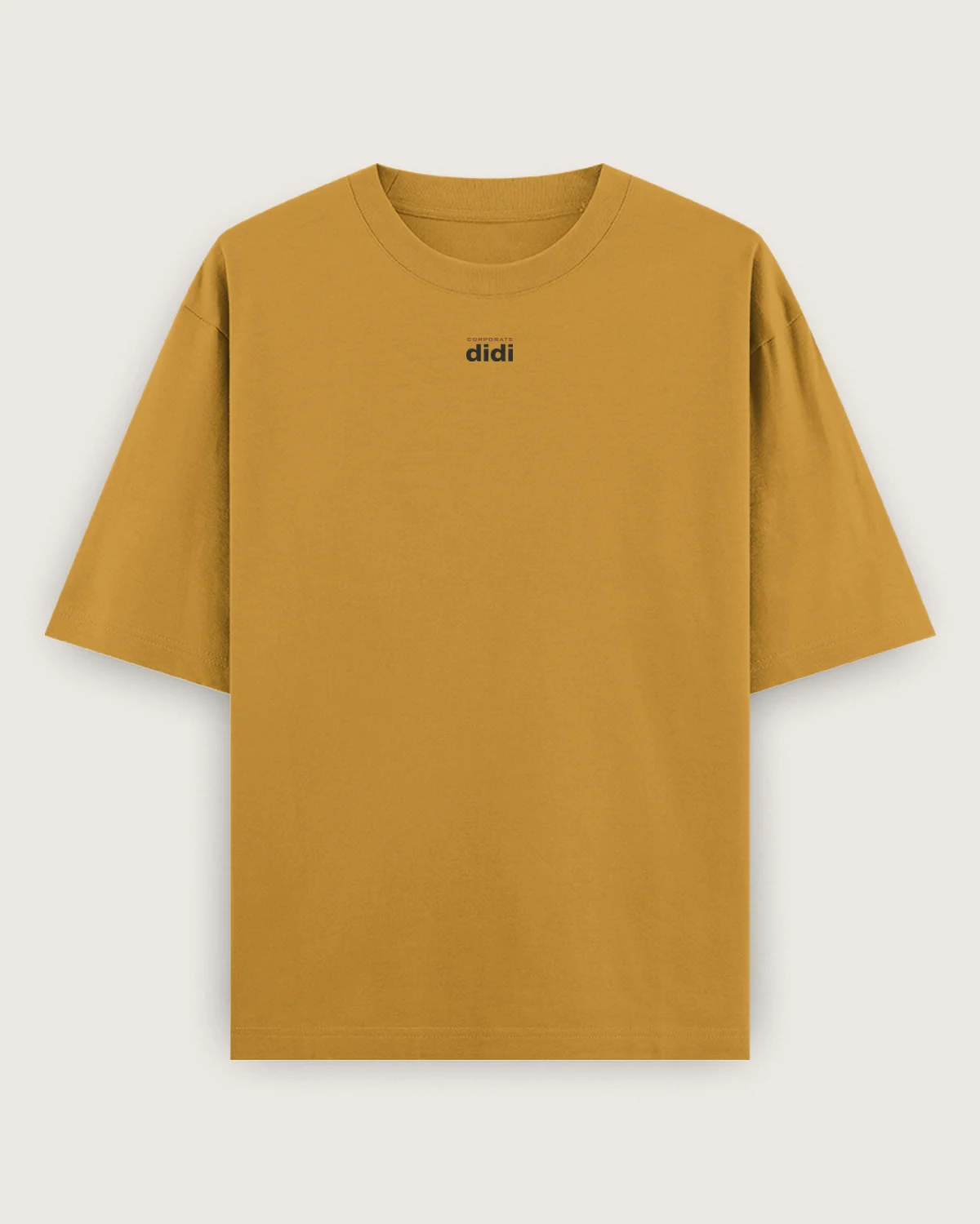 Mockup: the whole mustard oversized tee with “Corporate didi”